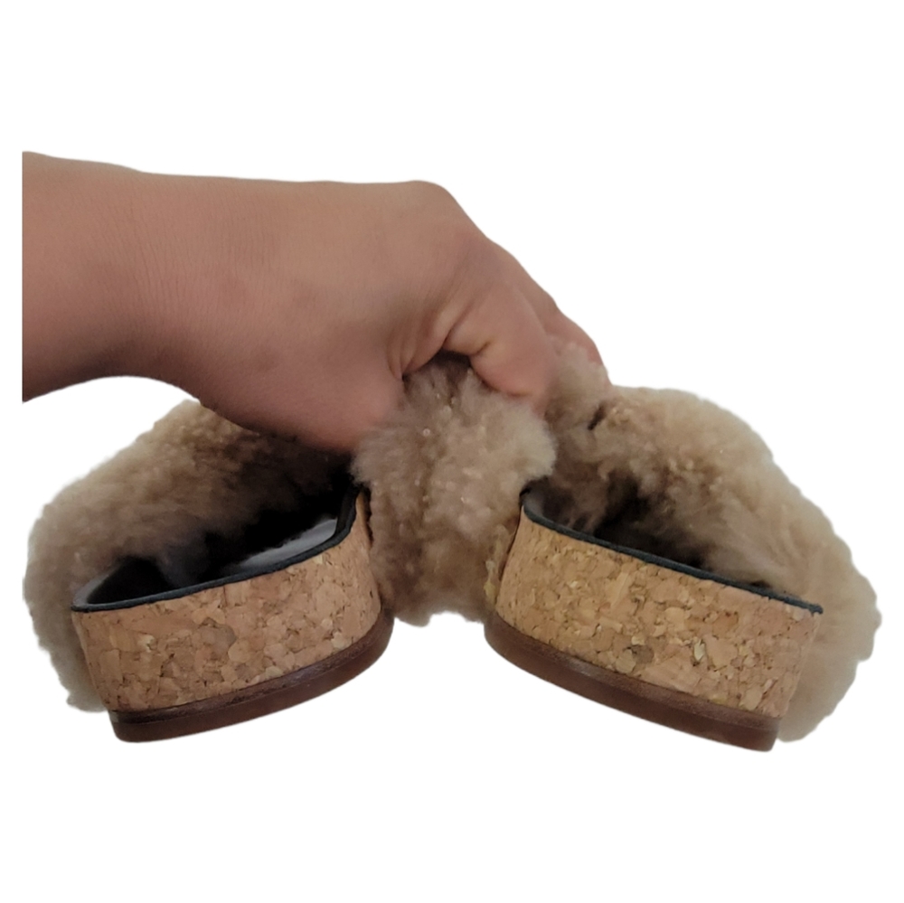 New Chloe Sherling Slides Sherpa Faux Fur Sandals Size 36 US 6 Beige - Picture 3 of 10